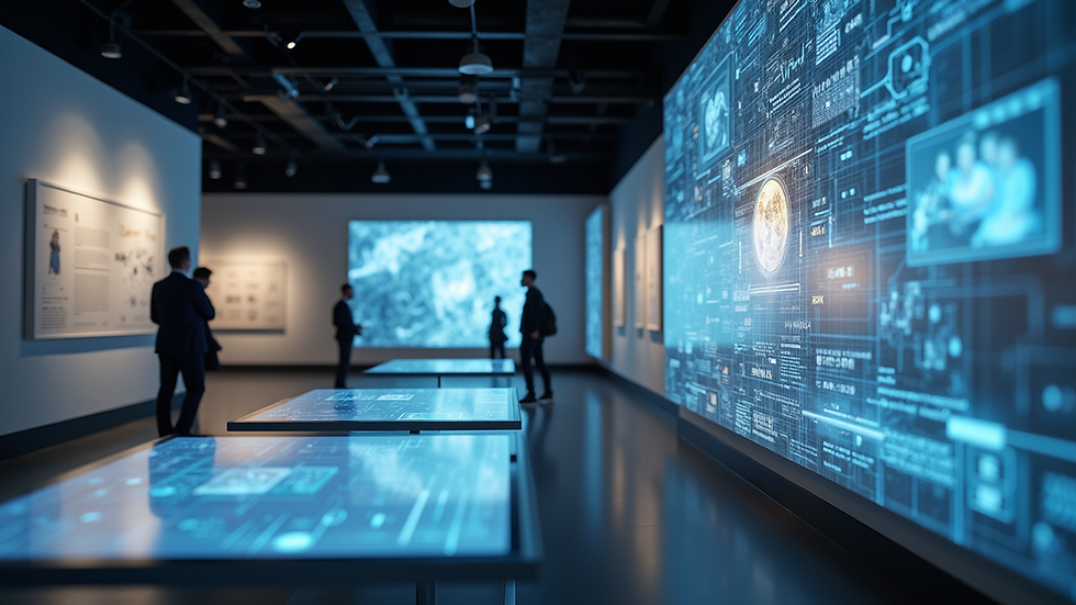 High angle view of a digital art exhibition with interactive displays