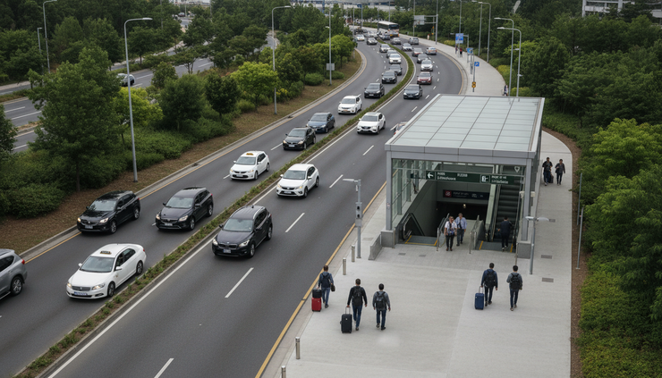 High-angle view of a road leading to an airport with fewer cars beside an underground station entrance