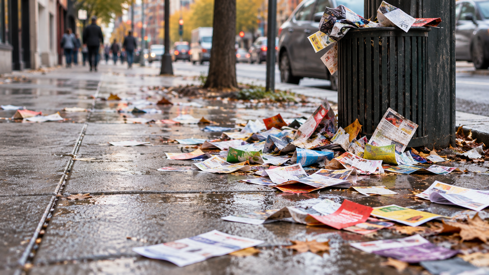 Discarded advertising flyers and promotional leaflets beside a street bin illustrating physical advertising waste