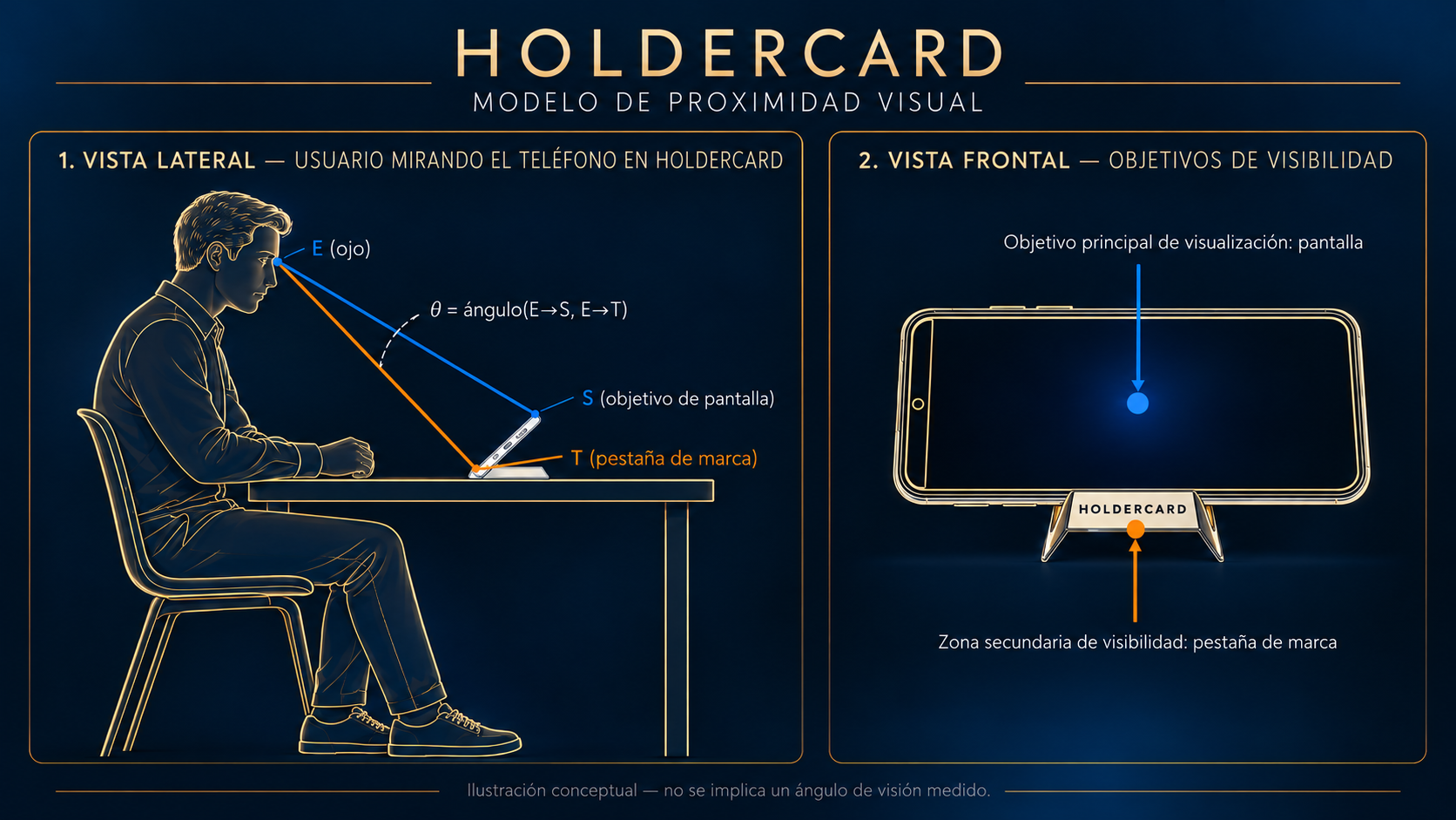 Modelo de proximidad visual HOLDERCARD en español: persona sentada, pantalla S, ojo E y pestaña publicitaria física T; vista frontal y líneas de visión.
