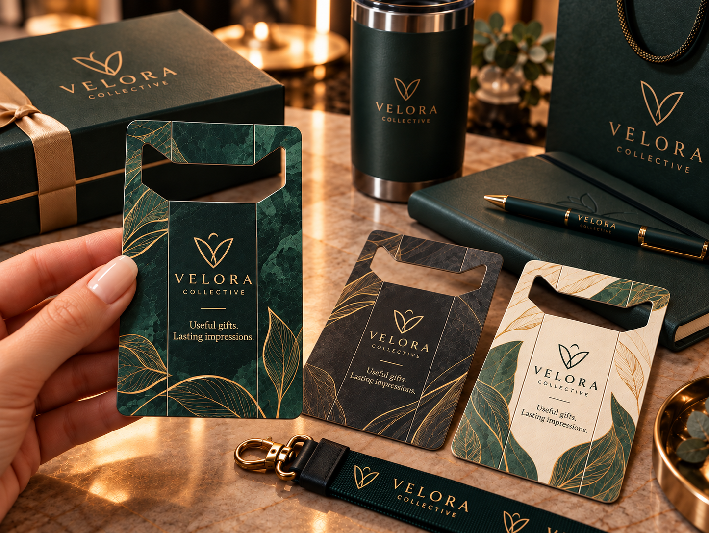 Conceptual illustration of B2B promotional merchandise, including a HOLDERCARD-style branded physical advertising card.