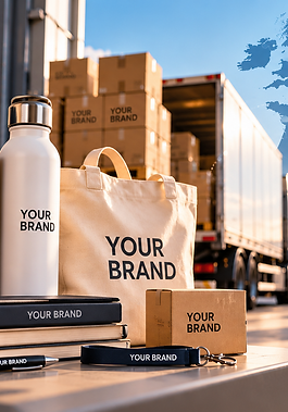 Productos promocionales compactos de marca con cajas de envío y rutas de distribución europeas ilustrando una logística escalable