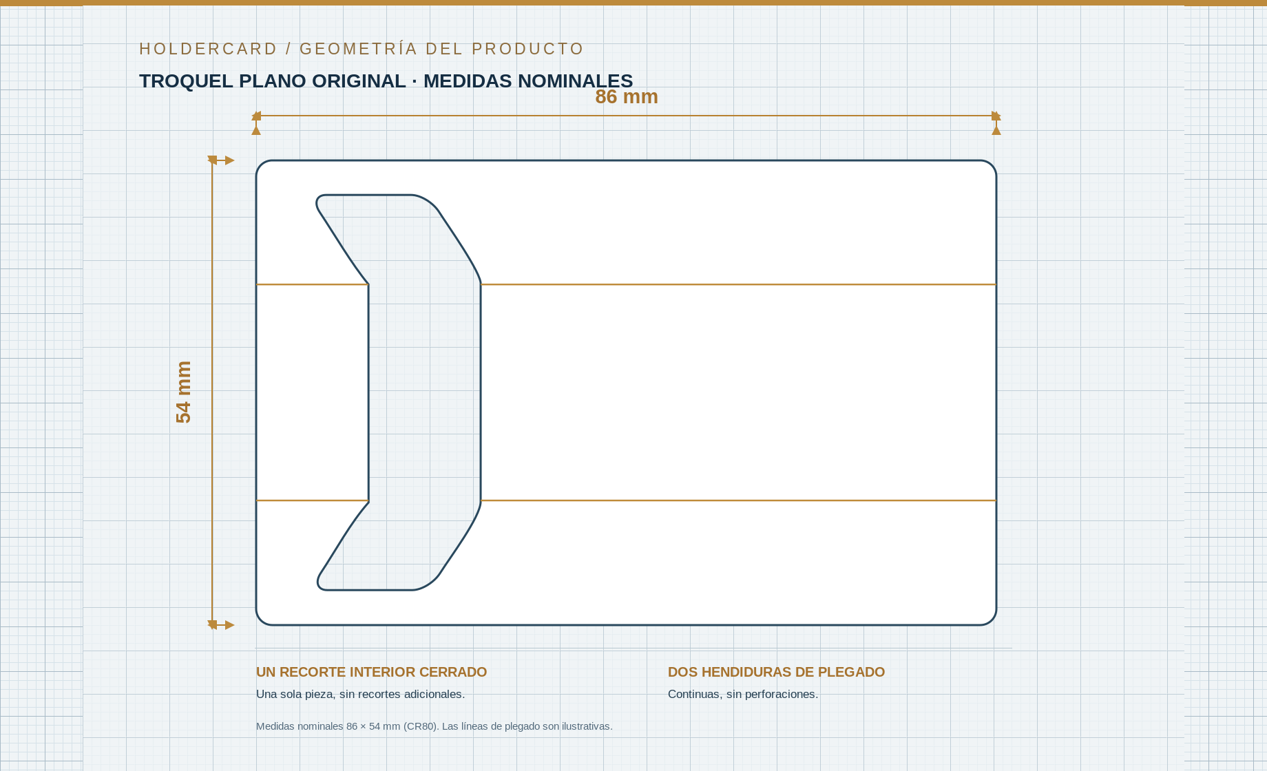 Plano técnico original de HOLDERCARD, soporte publicitario físico con formato nominal 86 × 54 mm, troquel interior y dos líneas de plegado continuas