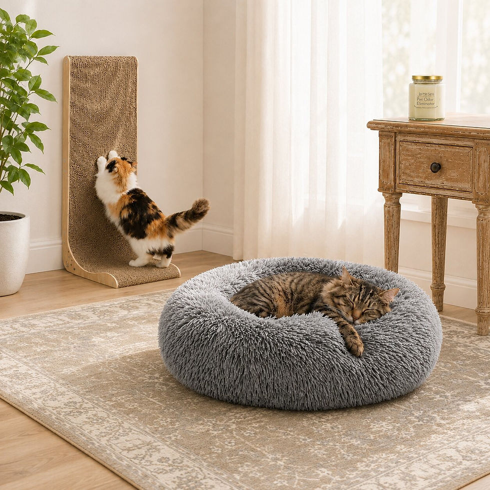 a brown tabby cat in a fluffy gray donut bed, another cat scratching a delux scratcher and a table with a odor eliminating candle