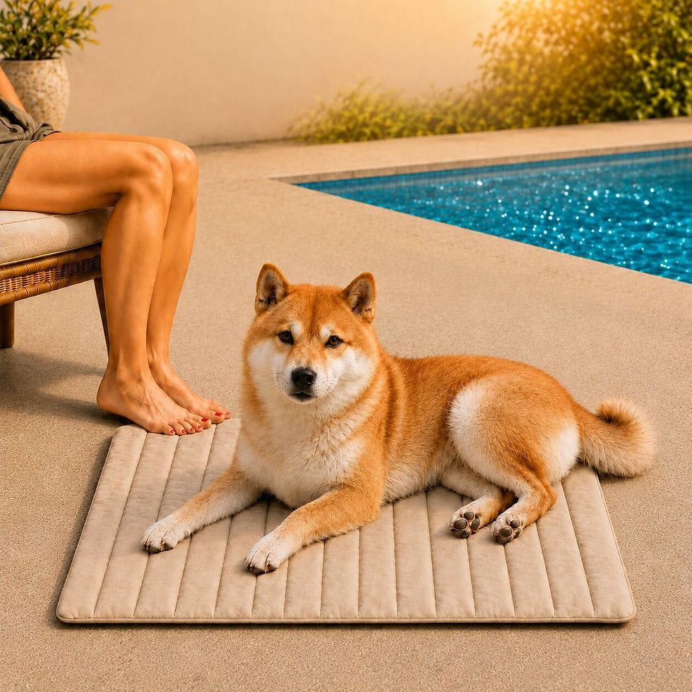Akita dog laying on cooling blanket next to swimming pool