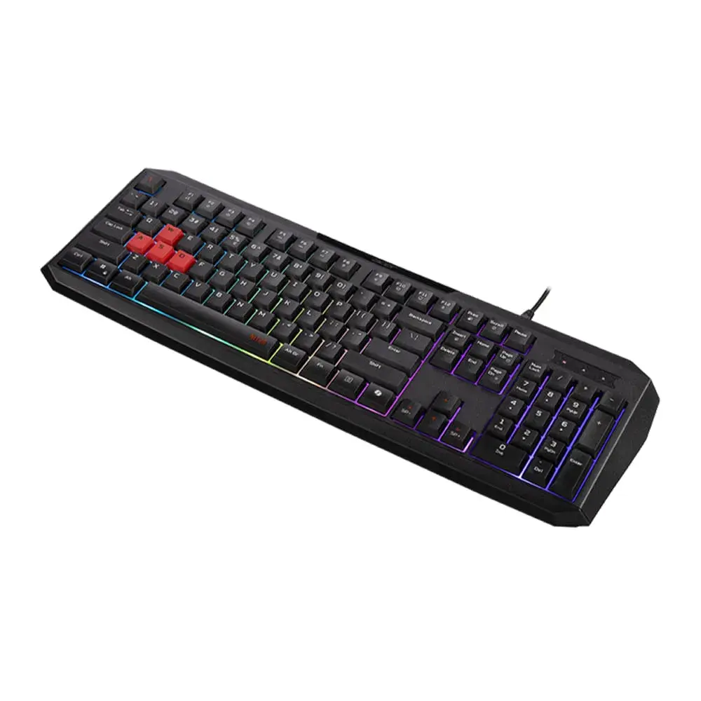 Teclado gamer preto com teclas WASD vermelhas e iluminação