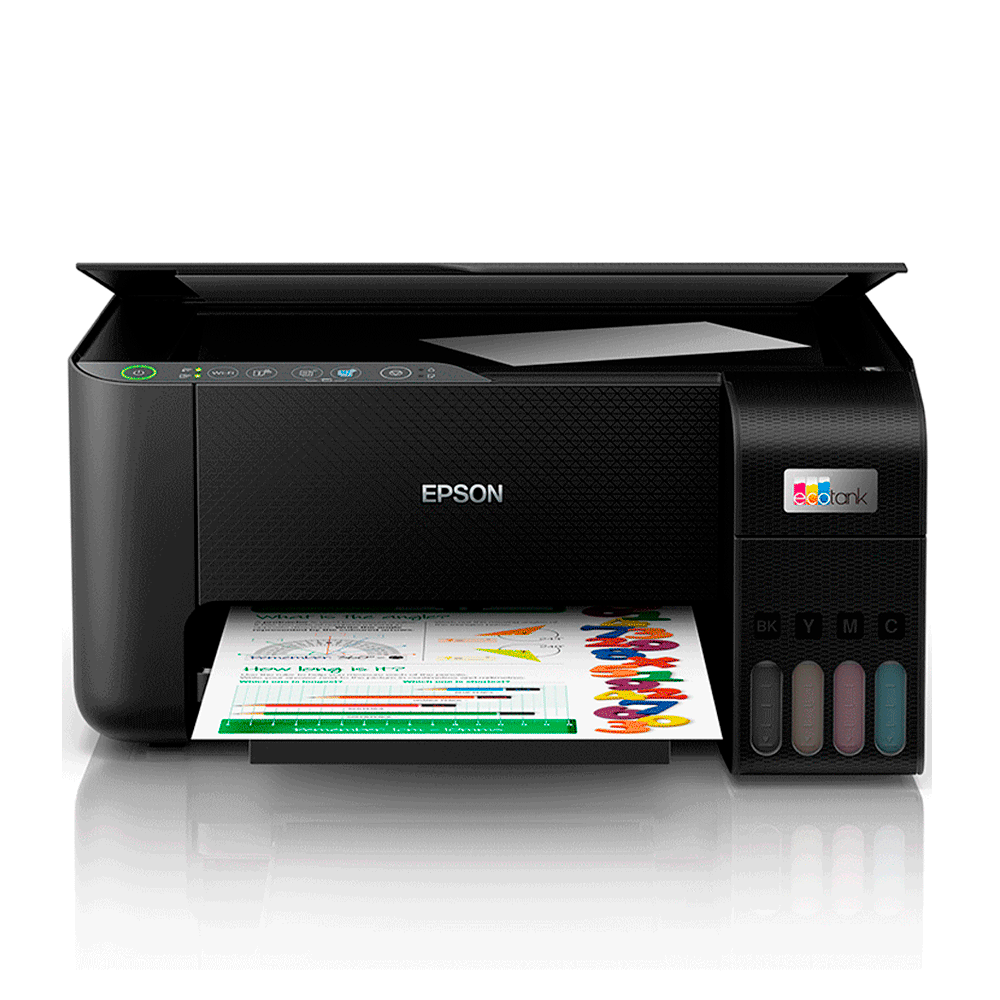 Impressora Epson preta com papel e tanques de tinta visíveis.