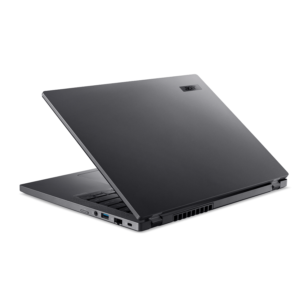 Miniatura: Notebook preto, visão traseira com tela semiaberta