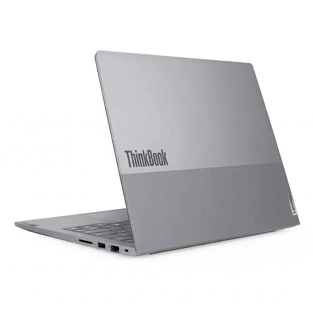 Laptop ThinkBook prateado com a tampa aberta