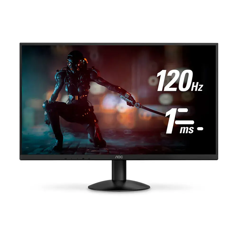 Monitor gamer com cena de jogo, 120Hz e 1ms.