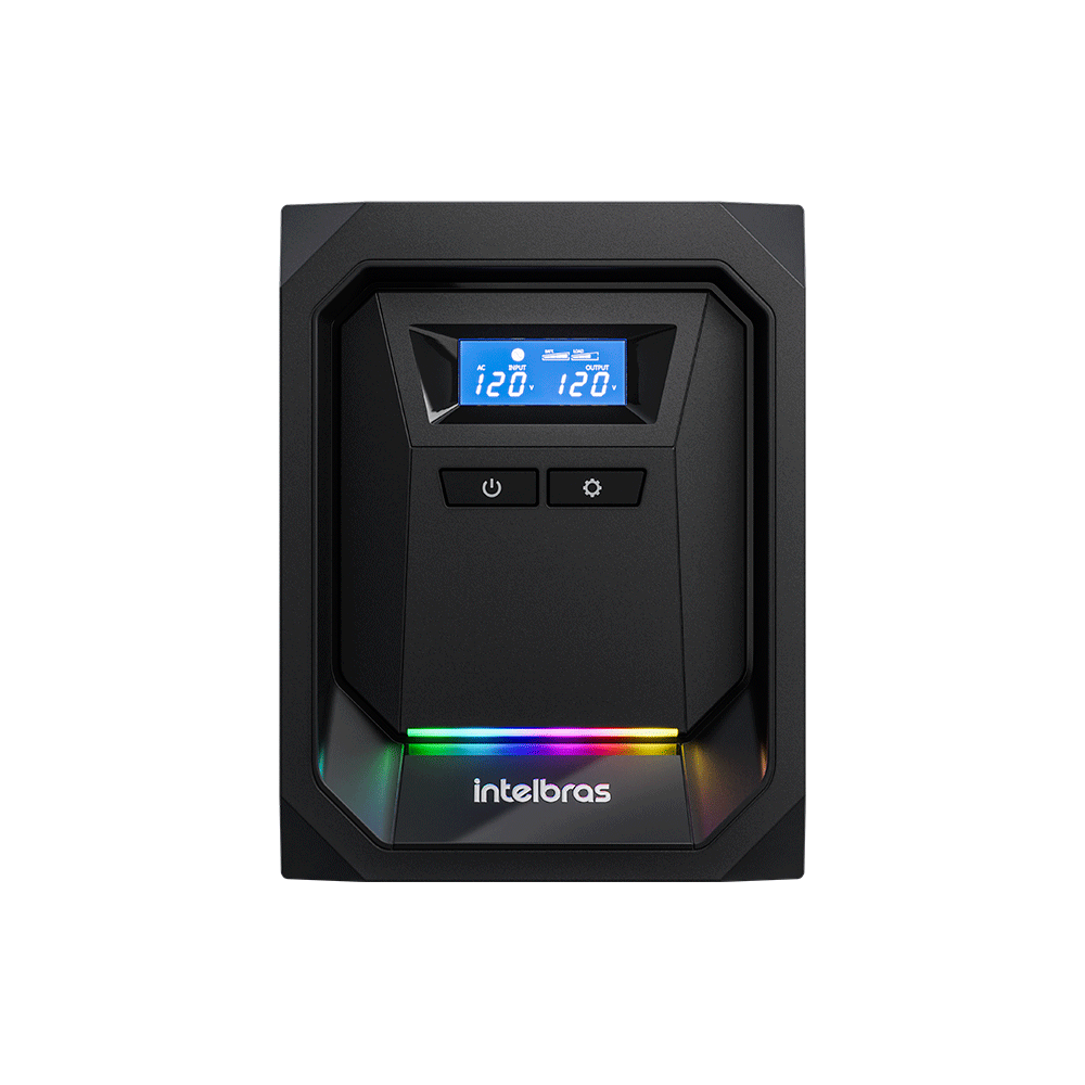Dispositivo Intelbras preto com tela e iluminação RGB