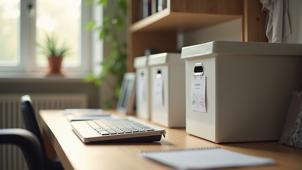 Eye-level view of a neatly organized home office desk with labeled storage boxes