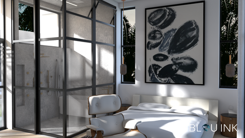 Interior design and building envelope integration in a master suite featuring a black steel glass partition, stone-clad wet room with gold fixtures, and warm wood paneling.