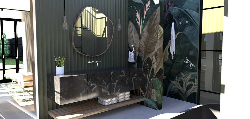 Modern luxury bathroom rendering by BLOU INK featuring a floating black marble vanity, organic-shaped mirror, and biophilic tropical wallpaper. The design illustrates spatial psychology through natural textures and intentional lighting for a restorative, high-evolution environment.