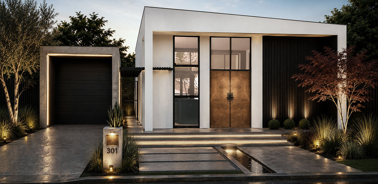 Front exterior rendering of Monument House, a contemporary residential concept designed by BLOU INK.