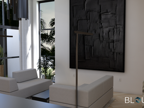 Modern living room design with floor to ceiling windows, oversized modern abstract art, floor lamps, and white oak built in cabinetry. Designed by Vera Blouin, Design Strategist for BLOU INK