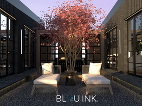 Arc House by BLOU INK featuring a central garden courtyard with lounge seating, symmetrical architecture, and indoor-outdoor living design.