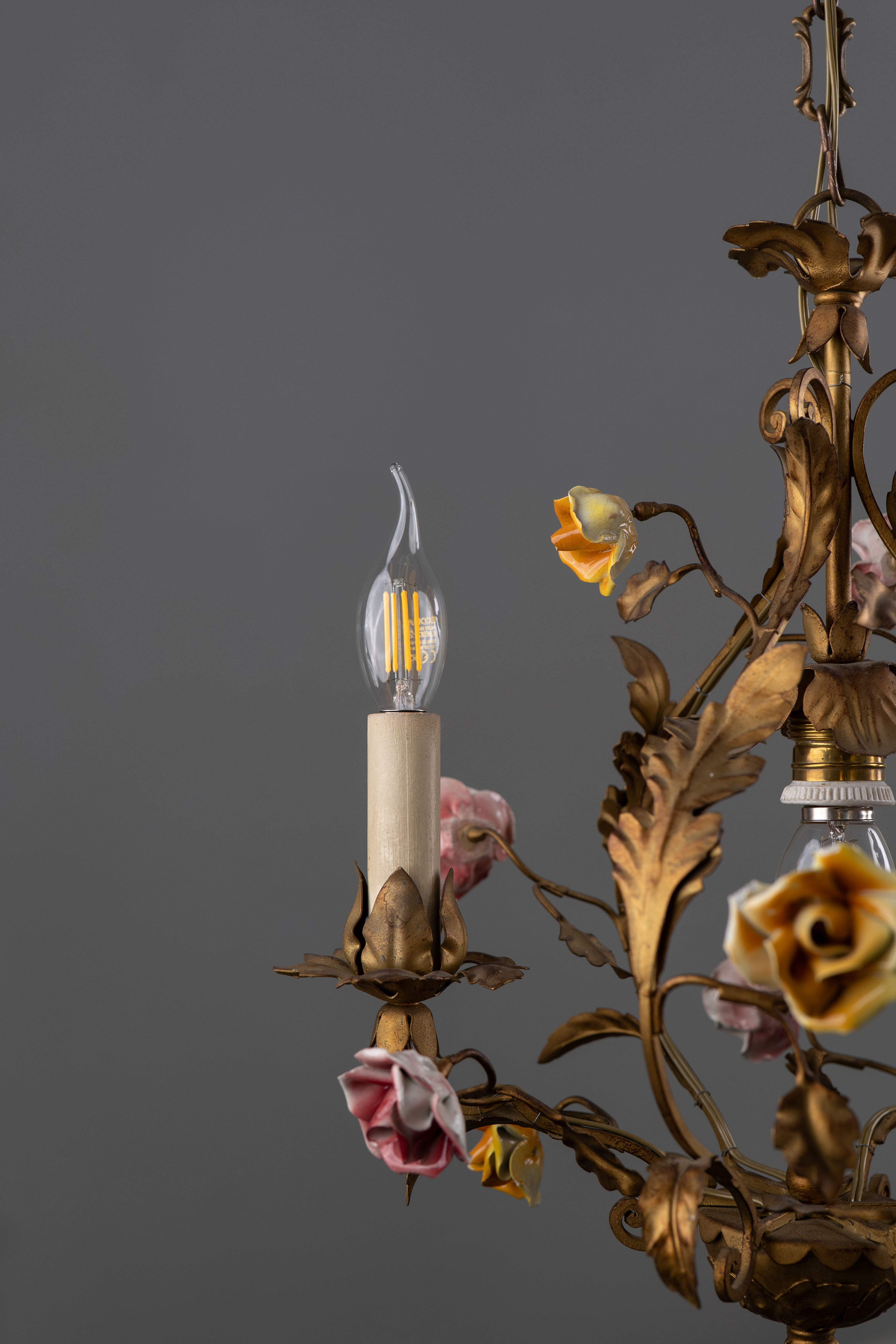 Antique Italian Tole Metal Chandelier with Porcelain Flowers 1950s