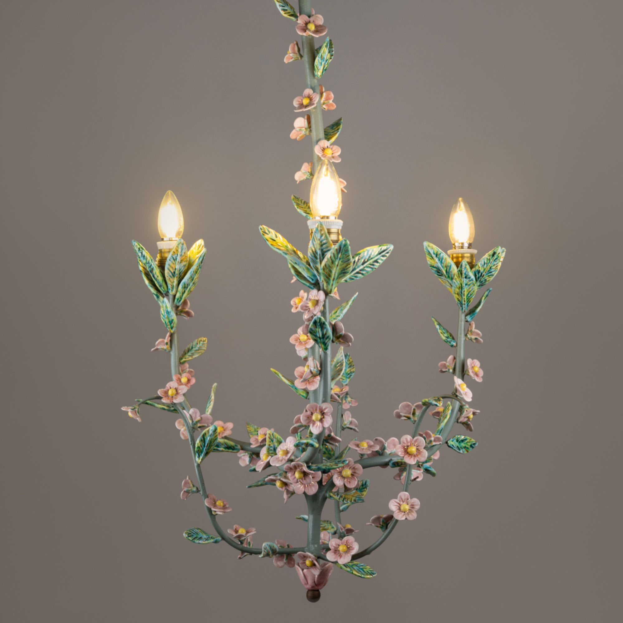 Rare Tole Chandelier with Porcelain Flowers by Aldo Ajò 1960s
