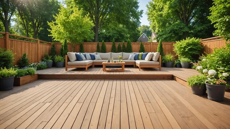 Wide angle view of a serene backyard oasis with a wooden deck, green landscaping, and comfortable seating
