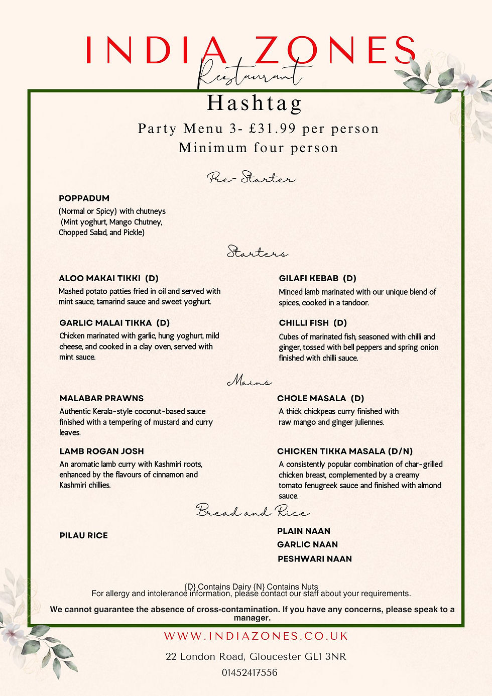 Inida Zones Party Menu 3