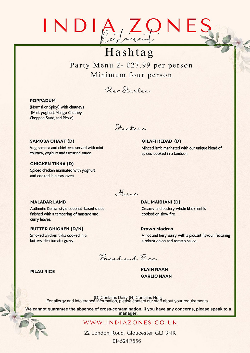 Inida Zones Party Menu 2 