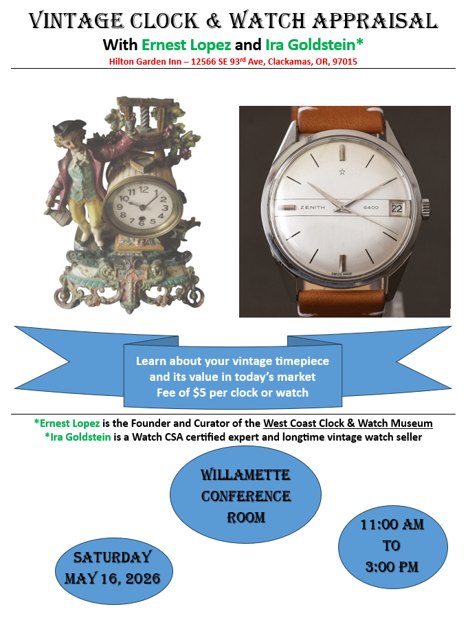 Vintage Clock & Watch Appraisal at the 2026 NAWCC Pacific Regional 