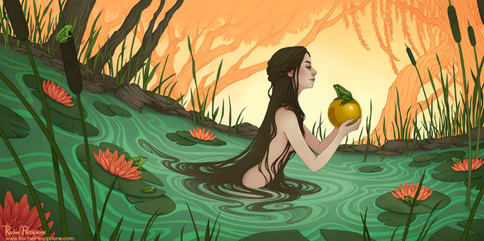 A fair maiden wading in a pond among the lily pads, reeds, and willow. She is accepting a golden gift from the amphibian King as a token of friendship.