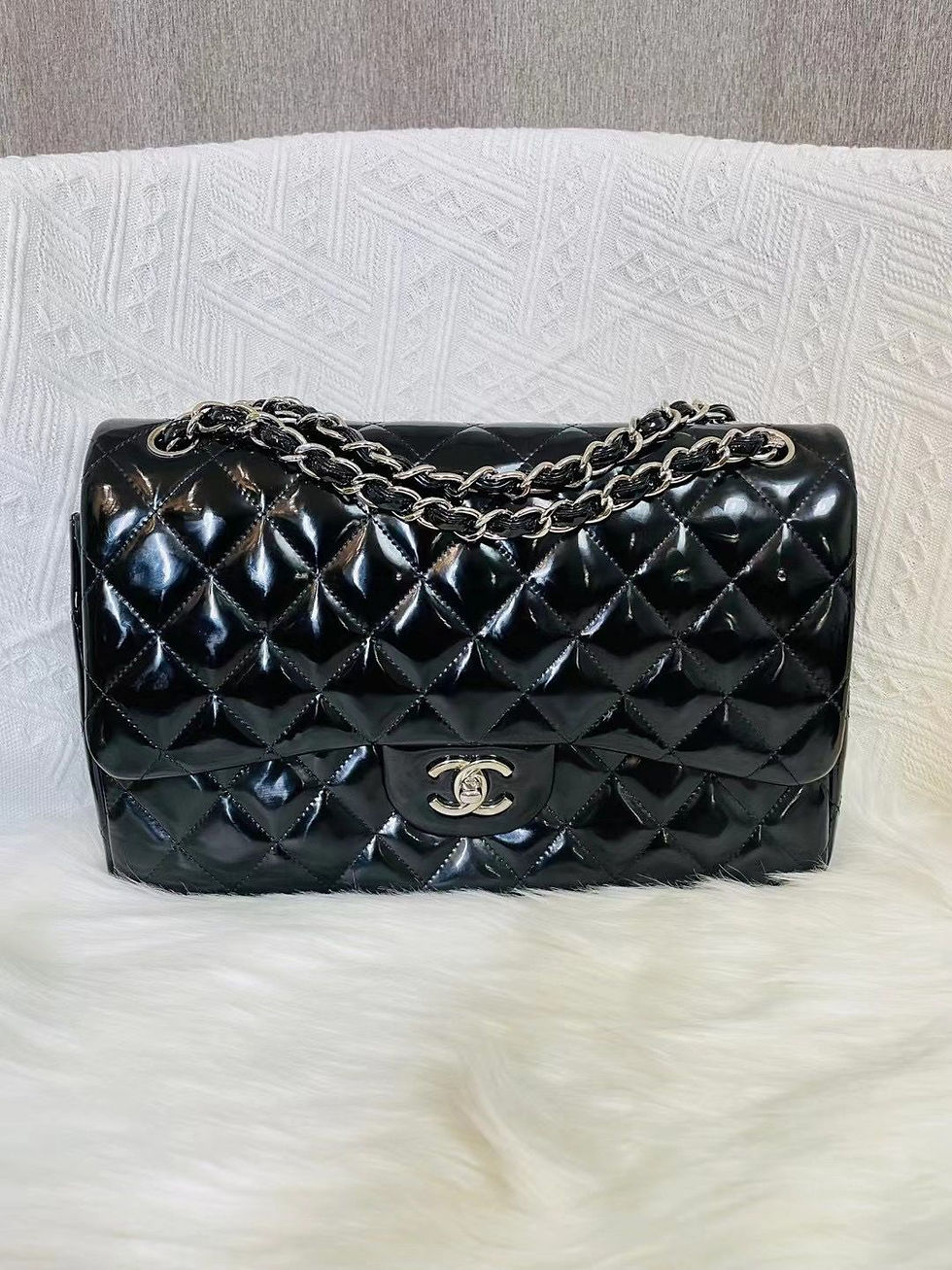 Thumbnail: CHANEL CF Double Flap Jumbo Patent Blkxshw