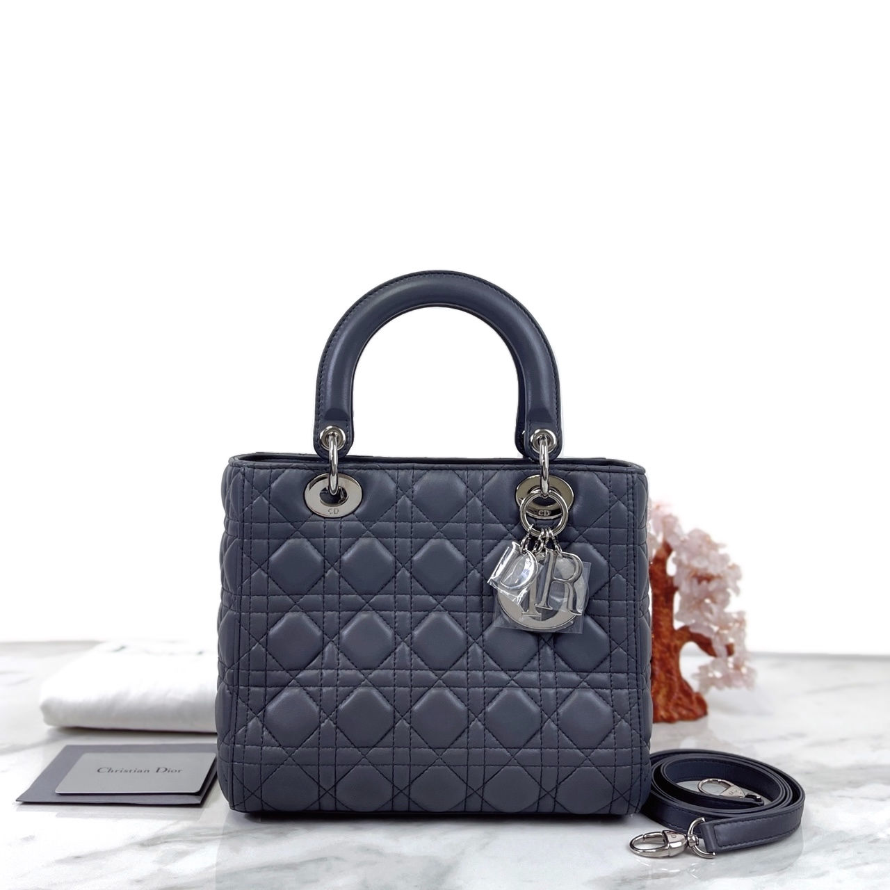 DIOR Lady Dior Medium Lambskin Dark Grey Shw
