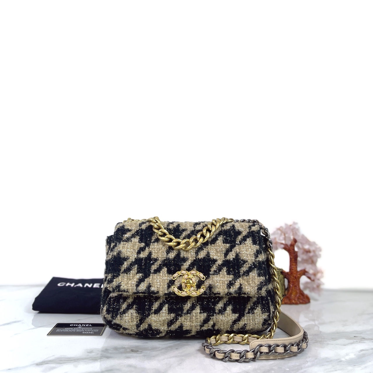 CHANEL 19 Flap Bag Small Houndstooth Tweed Beige Black