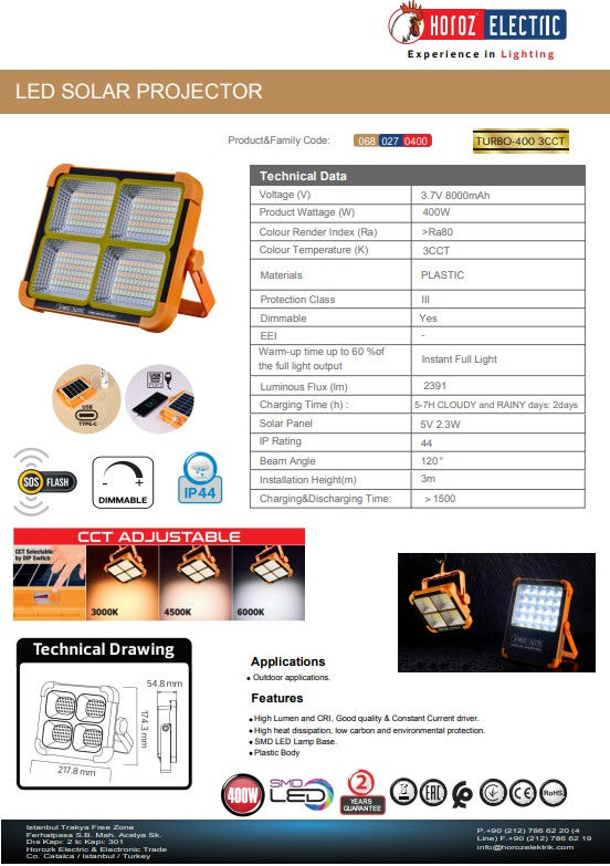 Küçük resim: Horoz Turbo-400 Turuncu Led Solar Projektör 400w