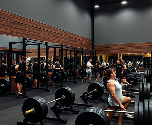 black gym with gold and wood accents people lifting weights.jpg
