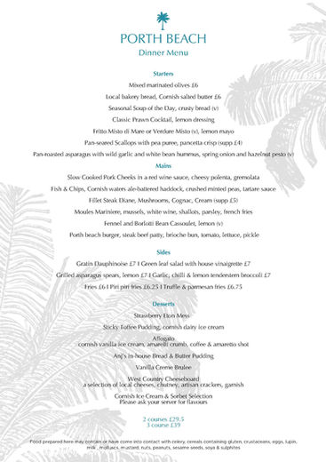 Porth Beach Dinner Menu - Click image to expand