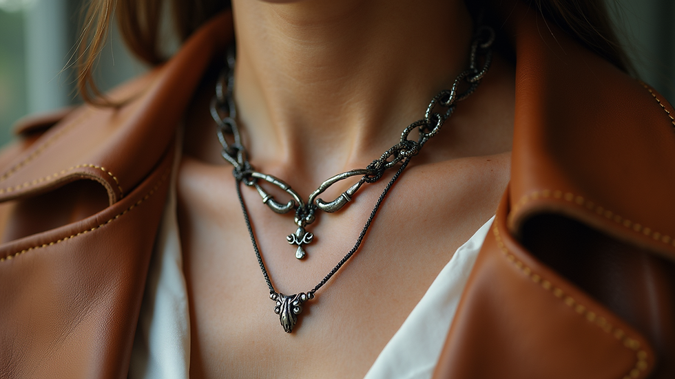 Eye-level view of a Betonschmuck necklace paired with leather and metal accessories