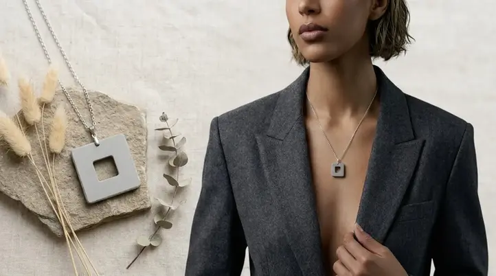 Woman wearing a concrete jewelry necklace and a grey blazer