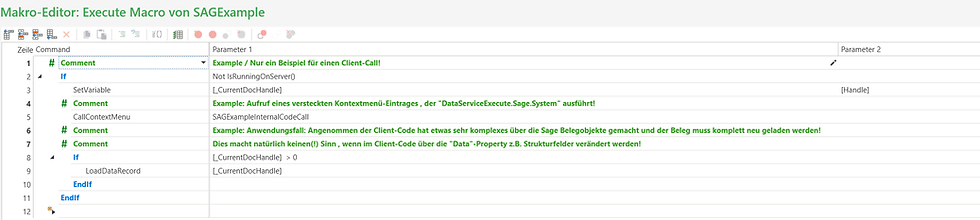 Beispiel Makro: Aufruf eines versteckten Makros, welches über "AppLibraryCall.Sage.System" einen zusätzlichen rein-clientseitigen Code auslöst und abwartet , bis dieser beendet ist. Dann wird ein geöffneter Beleg einfach komplett neu geladen , um ggf. die im zusätzlichen Client-Code durchgeführten Belegänderungen komplett neu zu laden.