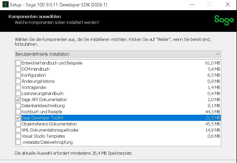 Ansicht des SDK-Setups und der notwendigen Optionen , die für die API-Dokumentation sinnvoll und erforderlich sind.