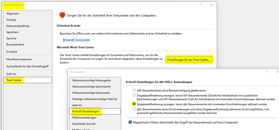 Ansicht der Einstellung in einem deutschen MS-Office