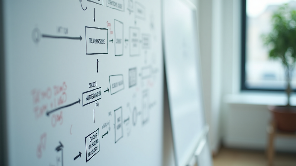 Close-up view of a whiteboard with business process flowcharts
