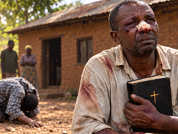 Hombre mayor sentado solo a la entrada de una casa rural en África oriental, en referencia al caso de Uganda
