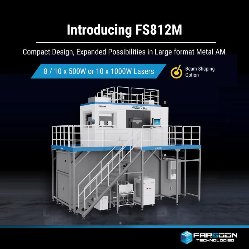 Impressora 3D de metal Farsoon FS812M-U compacta de grande formato com 8 a 10 lasers de 500W ou 10 lasers de 1000W e beam shaping opcional
