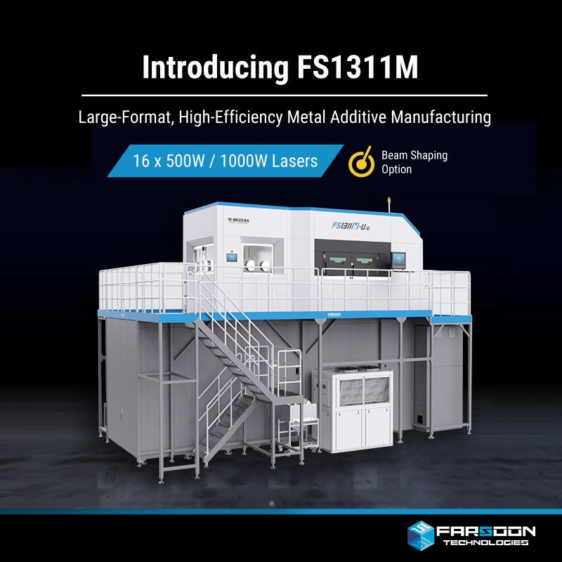 Impressora 3D de metal Farsoon FS1311M-U de grande formato com 16 lasers de 500W ou 1000W e opção de beam shaping para manufatura aditiva aeroespacial e automotiva