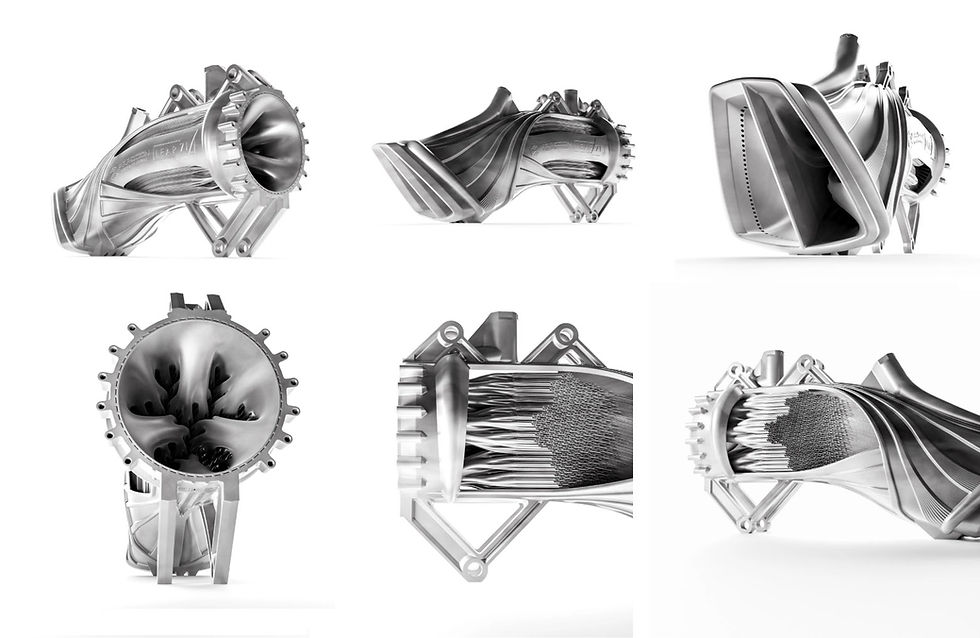 Estrutura fractal interna projetada para maximizar a troca térmica e fabricada sem montagem.