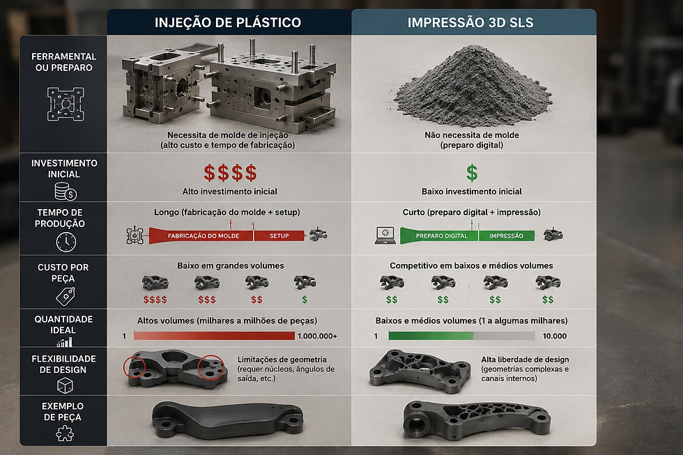 comparação de custo entre injeção plástica e impressão 3D SLS em séries curtas