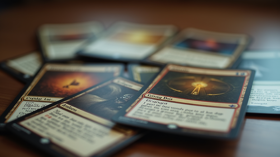Close-up view of a collection of Magic: The Gathering cards