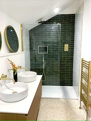 Double sink, Armera Palladium units, dark green and chalk ceramic tiles in shower. Brushed brush fittings.