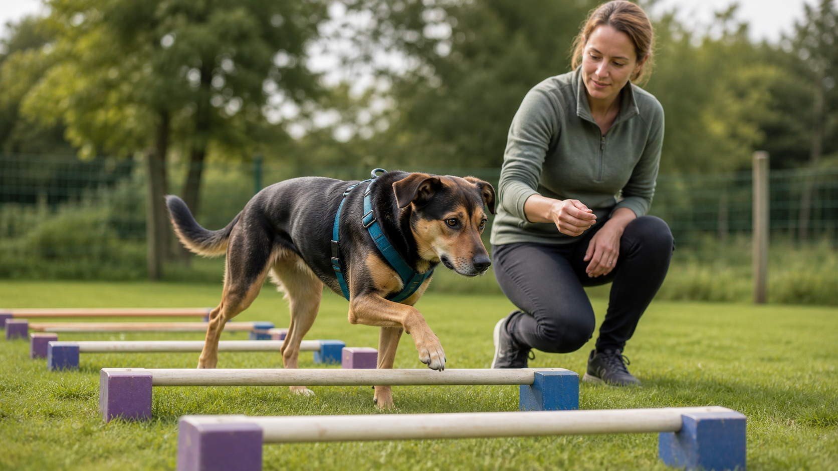 Ein Hund läuft konzentriert über niedrige Trainingsstangen, begleitet von einer Trainerin. (KI generiert)