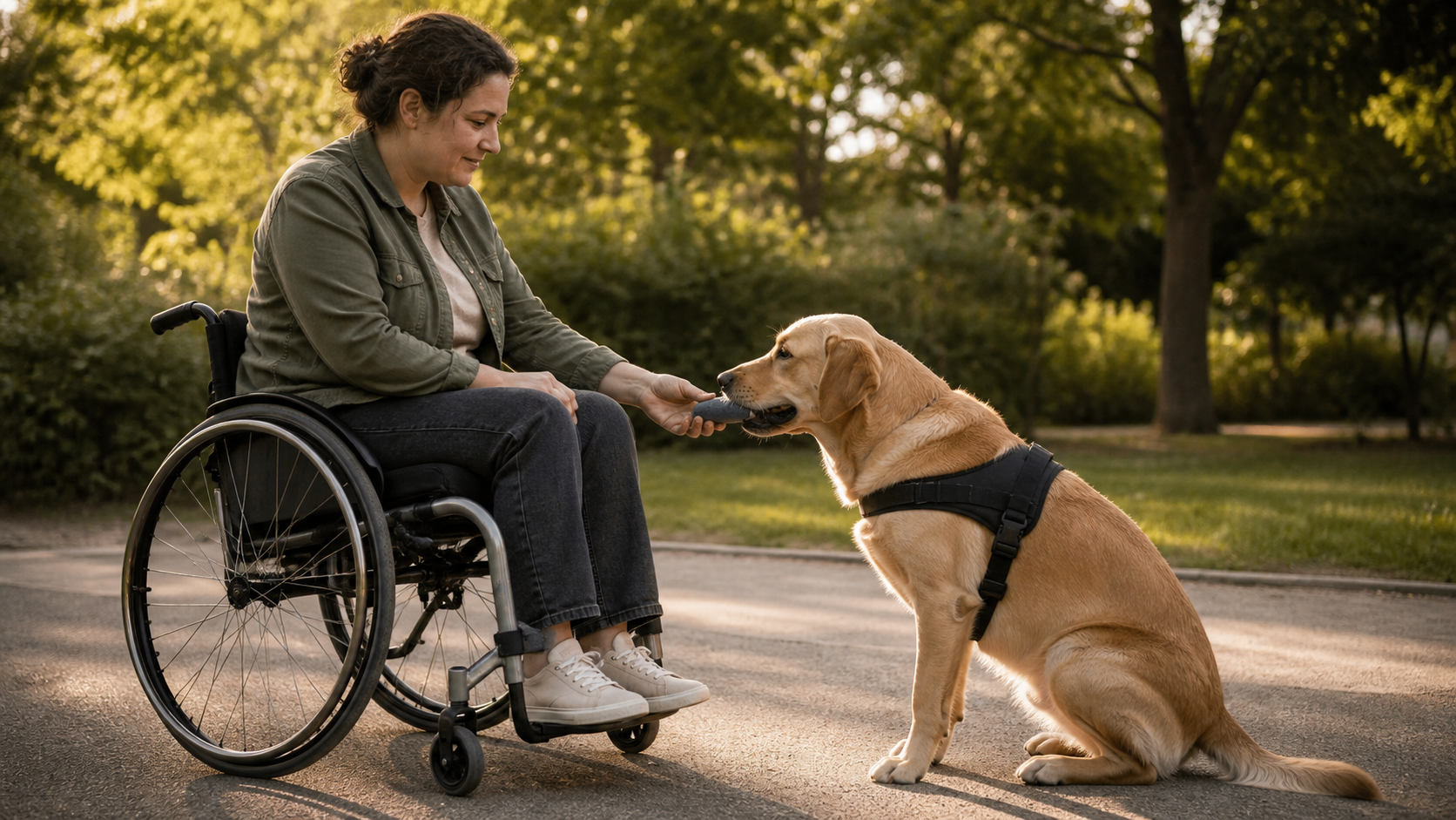 Eine Rollstuhlfahrerin trainiert mit einem Assistenzhund die Übergabe eines Gegenstands. (KI generiert)