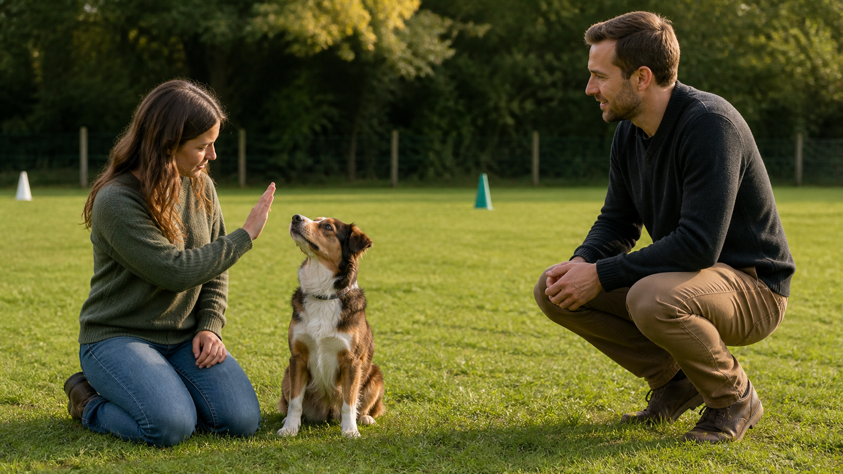 Eine Frau übt mit ihrem Hund auf einem Trainingsplatz, während ein Trainer das Hundeteam begleitet. (KI generiert)